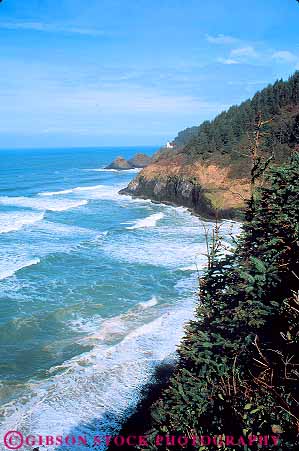 Stock Photo #13888: keywords -  bluff cliff coast coastal coasts cove coves elevate elevated head heceta hill hills landscape lighthouse lighthouses northwest ocean oregon overview region rocks scenery scenic sea seascape seashore shore shoreline steep surf tree trees vert view views water