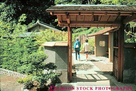 Stock Photo #11264: keywords -  arch arches asian couple design garden gardens horz japanese meditation oregon portland structure through walking wood wooden