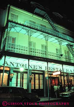 Stock Photo #8545: keywords -  antoines bright building buildings dark destination dusk evening french leans lighting lights louisiana new night or people quarter recreation restaurant social street streets travel usa vacation vert