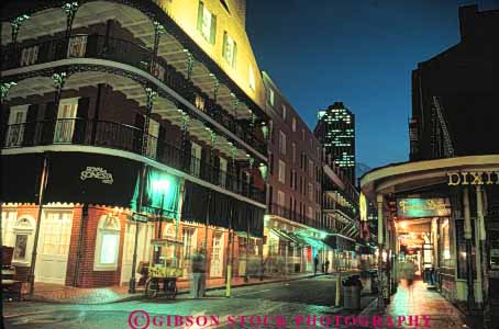 Stock Photo #8548: keywords -  building buildings dark destination dusk evening french horz lighting lights louisiana new night orleans people quarter recreation social street streets travel usa vacation