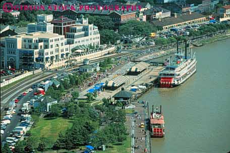 Stock Photo #8581: keywords - aerial aerials boat boats destination docked french horz louisiana mississippi new orleans paddlewheel quarter recreation river riverboat riverboats riverfront travel usa vacation waterfront
