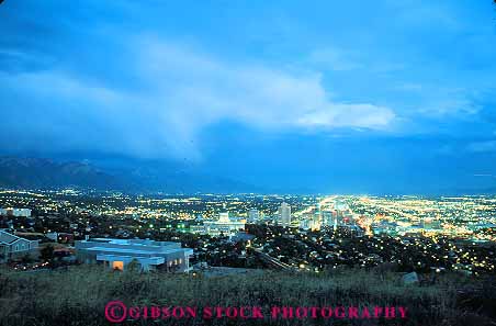 Stock Photo #12662: keywords -  buildings business center cities city cityscape cityscapes dark district downtown dusk evening horz lake lifts lighting night salt skyline skylines urban utah