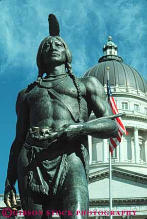 Stock Photo #9650: keywords -  american architecture building buildings capitol capitols city commemorate commemorates government greek house houses indian lake legislature massasoit metal native north politics salt sculpture sculptures state statues statute utah vert