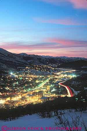 Stock Photo #9692: keywords -  area areas chilly city cold dark destination destinations dusk elevate elevated evening horizon landscape lighted lighting lights overhead overview park resort resorts scenery scenic season ski snow sunset town towns travel utah vert view winter