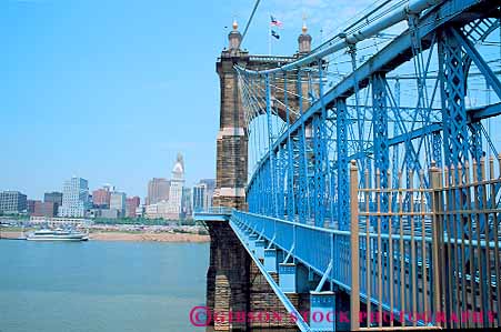 Stock Photo #12330: keywords -  above across bridge bridges cincinnati cities city cityscape cross historic horz masonry midwest ohio old over river rivers roebling span spanning spans stone water