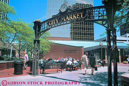 Stock Photo #17548: keywords -  arch arches archway business center city district downtown horz indiana indianapolis iron market metal people person plaza plazas public sign