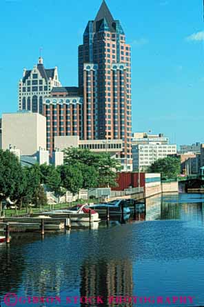 Stock Photo #7678: keywords -  america american architecture boat boats building buildings business center cities city cityscape cityscapes dock docks downtown high marina marinas milwaukee modern new office rise river skyline skylines urban usa vert water wisconsin