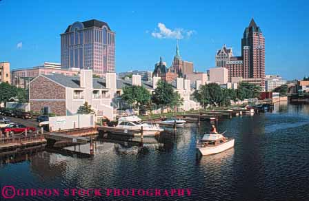 Stock Photo #7680: keywords -  america american architecture boat boating boats building buildings business center cities city cityscape cityscapes dock downtown high horz marina marinas milwaukee modern new office rise river skyline skylines urban usa water wisconsin