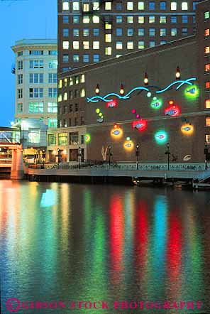 Stock Photo #11329: keywords - art buildings color colorful evening lighting lights milwaukee neon public reflect reflection river vert water wisconsin