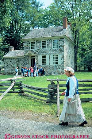 Stock Photo #14205: keywords - american and building class classes costume costumed dressed era field forge george group groups headquarters historic history home house living museum museums national park pennsylvania portray portraying portrays reconstruction revolution revolutionary school stone trip valley vert visit war washington washingtons woman women