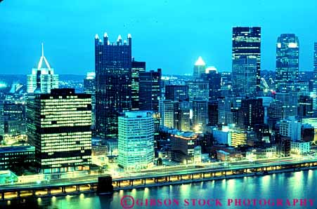 Stock Photo #7689: keywords - america american architecture building buildings business center cities city cityscape cityscapes dark downtown dusk evening high horz lighting lights modern monongohela new night office pennsylvania pittsburgh rise river skyline skylines urban usa water
