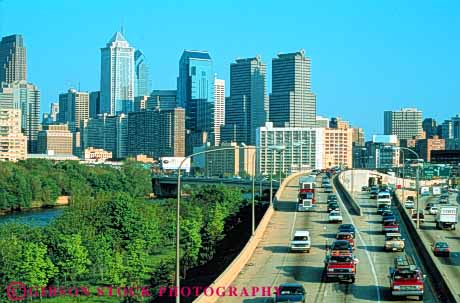 Stock Photo #3338: keywords -  building city cityscape downtown horz interstate pennsylvania philadelphia skyline traffic