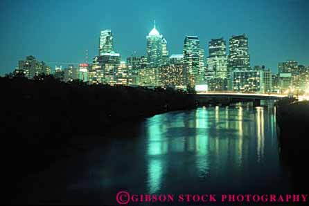 Stock Photo #7696: keywords -  america american architecture building buildings business center cities city cityscape cityscapes dark downtown dusk evening high horz landscape light modern new night office pennsylvania philadelphia rise river scenery scenic schuylkill skyline skylines urban usa water