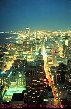 Stock Photo #7702: keywords -  america american architecture building buildings business center chicago cities city cityscape cityscapes dark downtown dusk elevate elevated evening high illinois lighting lights modern new night office rise skyline skylines urban usa vert view