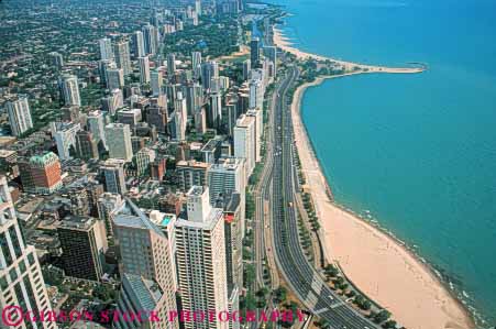 Stock Photo #9007: keywords -  aerial aerials beach building buildings chicago cities city cityscape cityscapes coast downtown elevated freshwater gold hancock horz illinois lake lakeshore neighborhood of road roads sand shore shoreline street streets urban view