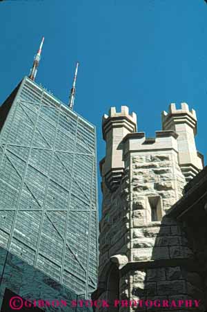 Stock Photo #9009: keywords - and architecture building buildings chicago contrast contrasting design different downtown hancock illinois material new office old steel stone style tower vert water