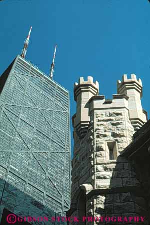 Stock Photo #9009: keywords -  and architecture building buildings chicago contrast contrasting design different downtown hancock illinois material new office old steel stone style tower vert water