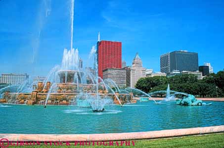 Stock Photo #9025: keywords -  buckingham chicago display downtown fountain horz illinois skyline skylines spray urban water
