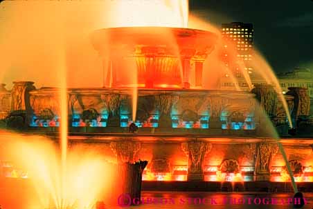 Stock Photo #9026: keywords -  bright buckingham chicago colorful dark display downtown dusk evening fountain horz illinois illuminate illuminated illuminates lighting lights night spray urban water