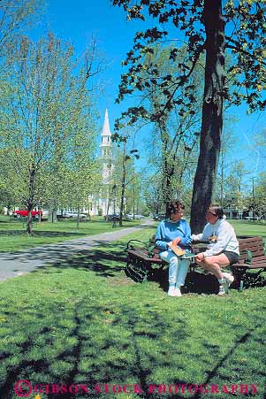 Stock Photo #14275: keywords -  chat chatting commons connecticut england friend friends green greens historic in litchfield new outdoor outside pair park parks plaza plazas region released share sharing sister sisters talk talking talks together two vert woman women