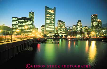 Stock Photo #7707: keywords -  america american architecture boston bright building buildings business center cities city cityscape cityscapes downtown england high horz lighting lights massachusetts modern new night office rise skyline skylines urban usa water waterfront