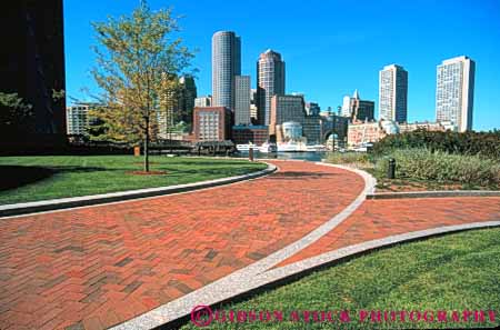 Stock Photo #7716: keywords -  america american architecture boston brick building buildings business center cities city cityscape cityscapes curve downtown england high horz massachusetts modern new office path pattern red rise route skyline skylines urban usa walkway waterfront