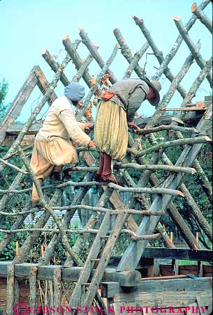 Stock Photo #14406: keywords -  american building construction costume costumed dressed england era frame historic history home house living man massachusetts men museum museums new old people plantation plimoth plymouth pole region roof roofing roofs tradition traditional vert vintage wood wooden work worker workers working