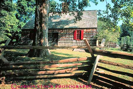 Stock Photo #14528: keywords -  american cabin cabins colonial colonies colony fence fences historic history home horz house houses independence jersey morristown national new park parks public rail red revolution revolutionary split war wick