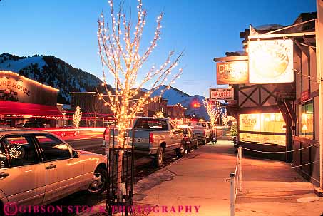 Stock Photo #14871: keywords -  car cars communities community dark destination downtown dusk evening horz idaho ketchum lighting lights mountain mountains parked region resort resorts road rocky small street streets sun town towns travel vacation valley winter