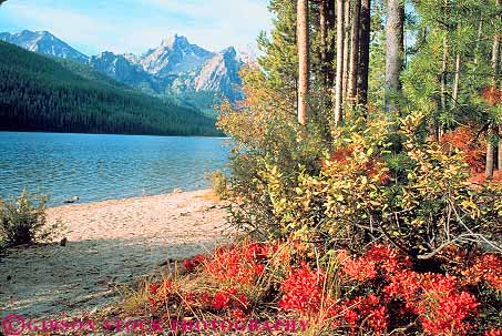 Stock Photo #14923: keywords -  area autumn clean color fall foliage horz idaho lake lakes landscape mountain mountains national nature peak peaks pristine range recreation region rocky sawtooth scenery scenic season stanley water wild wilderness