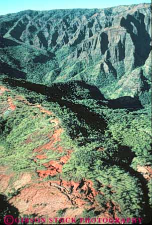 Stock Photo #8702: keywords -  aerial canyon destination green hawaii hawaiian island islands kauai landscape lush nature rainforest resort resorts scenery scenic travel tropical usa vacation vert waimea wilderness
