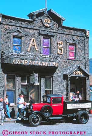 Stock Photo #10403: keywords -  alaska american antique antiques building buildings different exterior gold historic historical history klondike museum national old park preserve preserved rush site sites skagway town towns truck unique unusual vehicle vert vintage