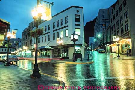 Stock Photo #7744: keywords -  alaska america american architecture avenue building buildings business center cities city cityscape cityscapes climate corner dark downtown dusk evening horz juneau lamp lighting lights modern moisture new night precipitation rain rainy reflect reflection reflects road route soak soaked street town urban usa water weather wet