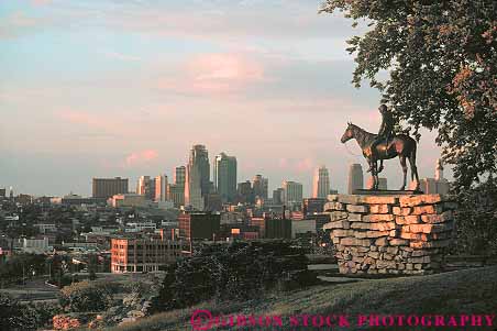 Stock Photo #12326: keywords -  american cities city cityscape cityscapes dark dusk evening horse horz indian kansas landmark landmarks missouri native night scout silhouette silhouettes sky skyline skylines statue statues sunset sunsets