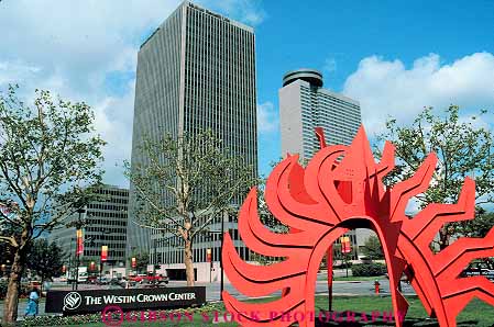 Stock Photo #12327: keywords -  abstract art buildings center city crown downtown high horz kansas metal missouri office public red rise sculpture sculptures urban