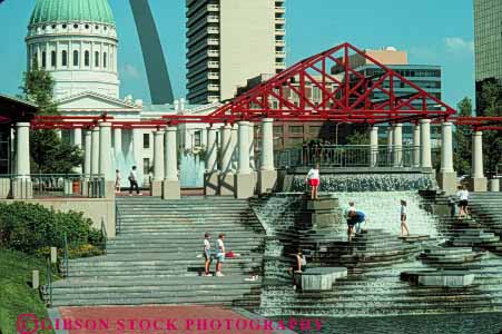 Stock Photo #7755: keywords -  america american architecture building buildings business center cities city cityscape cityscapes downtown fountain horz louis memorial missouri modern people plaza saint skyline skylines st st. urban usa