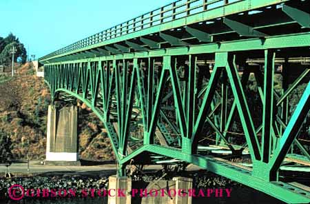 Stock Photo #1232: keywords -  angle brace braced braces bragg bridge bridges california cross design diagonal diagonally diagonals engineer engineered engineering fort geometric geometry green horz metal noyo over river span steel stress strong structure triangle triangles triangular water