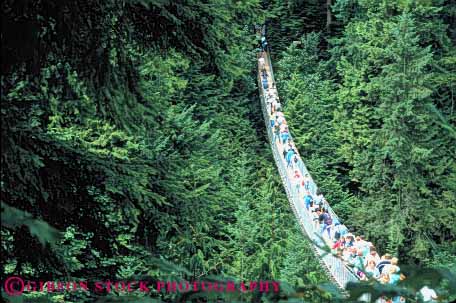 Stock Photo #11012: keywords -  across bridge bridges british cable canyon capilano columbia connect connected connecting connects cross crosses crowd crowded engineer engineered engineering flex flexibility flexible foot footbridge forest horz lightweight over people reach reaches reaching span spanning spans structure support supports sway swaying sways transportation vancouver walk walkers walking