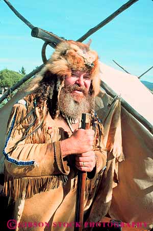 Stock Photo #15553: keywords - costume costumed costumes fur historic history in leather man mountain outfit people perform performer performers performs person portray portraying portrays tradition trapper trappers vert