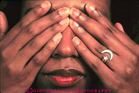 Stock Photo #15597: keywords -  african american black cover ethnic ethnicity evil eye eyes faces facial finger fingers hand hands head horz minorities minority no people person released see woman