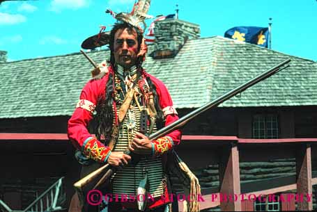 Stock Photo #1336: keywords - american americana costume dress era flintlock fort henry history horz indian living man model native new released rifle traditional william york