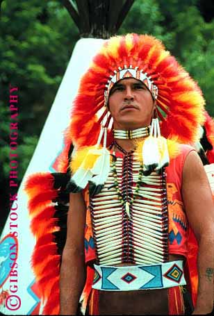 Stock Photo #1337: keywords -  american americana carolina colorful costume dress era feather head history indian living man model native north released teepee traditional vert