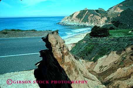 Stock Photo #1380: keywords -  beach bluff bluffs break breaks broken california coast coastal damage damaged danger dangerous erode eroded erodes eroding erosion gap gaps highway higjways hole holes horz landslide moss ocean one pavement property risk road roads sea soil street undercut undercuts unstable water