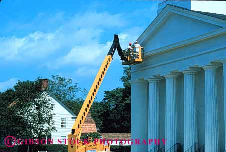 Stock Photo #1382: keywords -  art brush building cherry church cooperate craft elevate employee equipment extend exterior horz industry job labor lift machine men occupation paint painter paycheck picker reach skill summer team white work