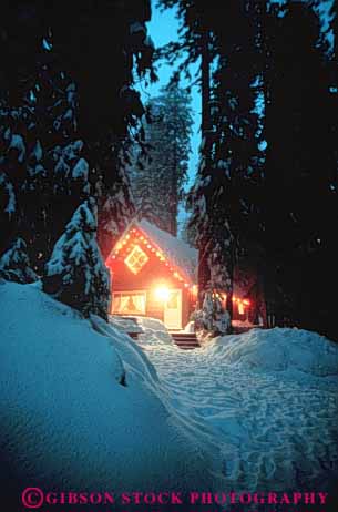 Stock Photo #3529: keywords - americana celebrate christmas cottage decorate dusk forest frame getaway holiday house lighting relax released retreat romantic snow tradition vert warm winter
