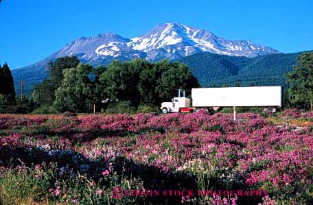 Stock Photo #1840: keywords -  california commerce flowers highway highways horz industry interstate motion mount mountain moving scenic shasta shipping snow spring transportation truck trucking trucks