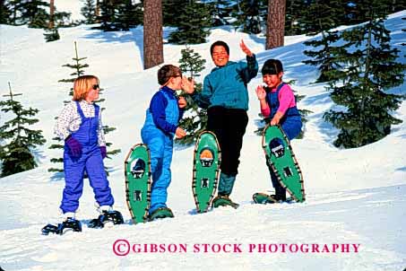 Stock Photo #1928: keywords -  african american asian black children ethnic exercise fun group happy hike horz japanese laugh model play recreation released snow snowshoe sport together winter