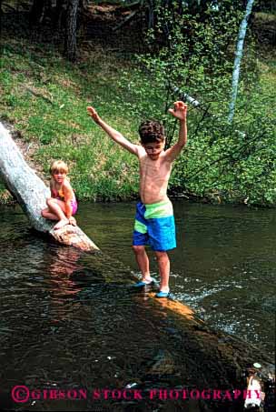 Stock Photo #1950: keywords -  balance bathing children danger fall fun log model nature play released risk stream suit sw try vert walk water