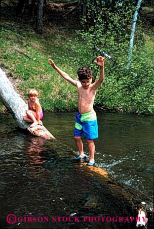 Stock Photo #1950: keywords - balance bathing children danger fall fun log model nature play released risk stream suit sw try vert walk water