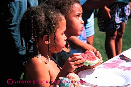 Stock Photo #2054: keywords -  african american black child eat ethnic food girl healthy horz not outdoor picnic released watermelon